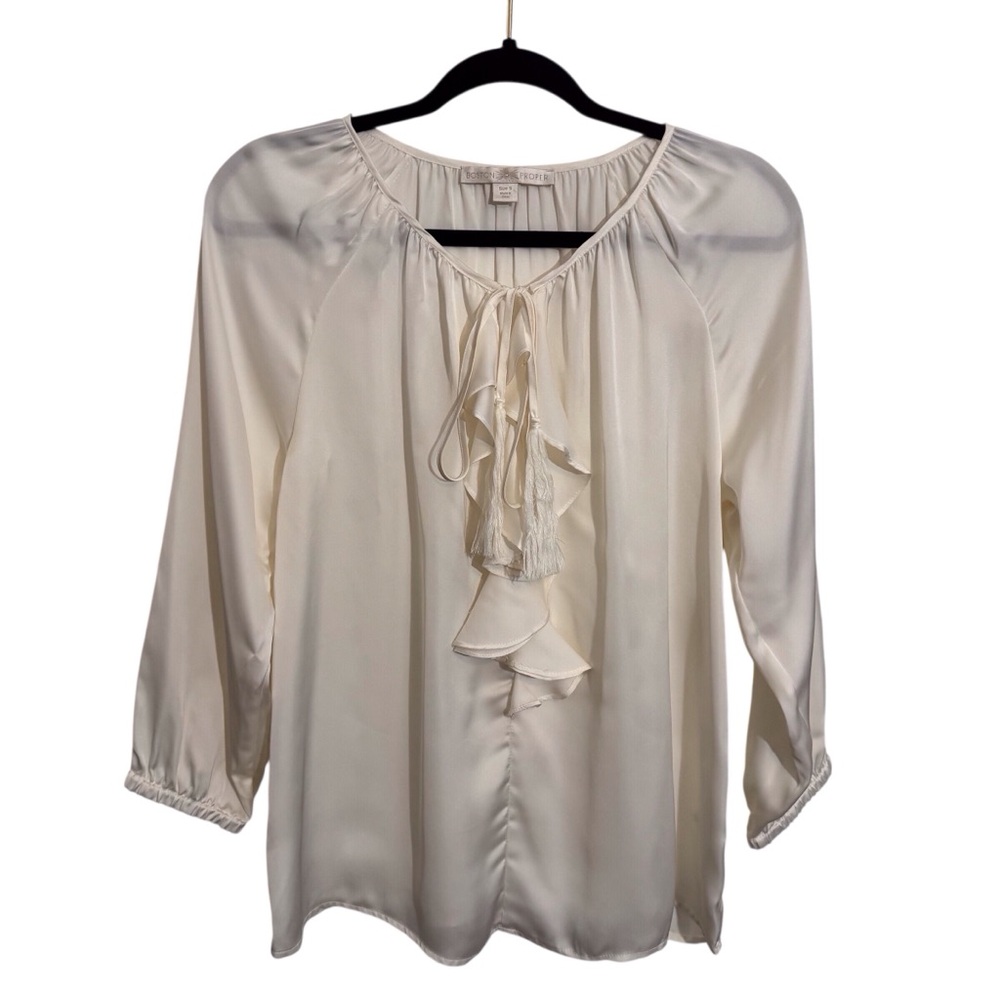 Boston Proper Small Cream Satin Blouse Top Long Sleeve Ruffle Front Tie Boho